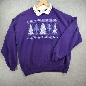 Vintage Morning Sun Womens Sweater XL Purple Winter Forest Puff Print Pullover